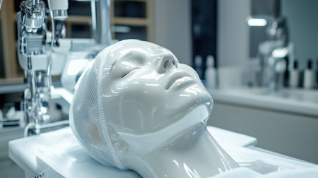 A realistic medical mannequin lying on a treatment table in a modern clinic during a skincare procedureの素材