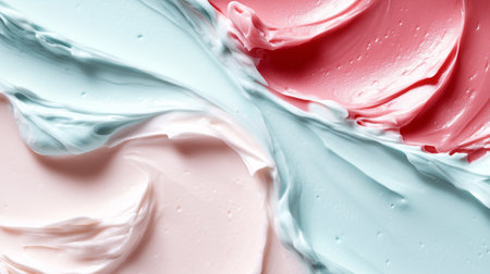 Colorful swirls of light blue and soft pink cream layered across a textured surface in natural lightの素材