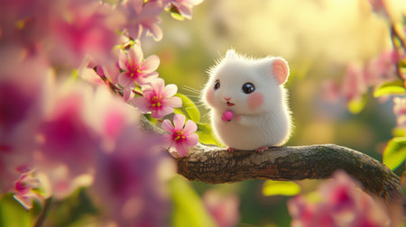 A fluffy white hamster sitting on a branch surrounded by blooming pink flowers in a sunlit garden during springtimeの素材