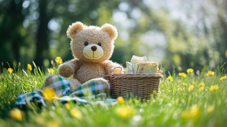 A teddy bear sitting in a grassy field surrounded by yellow flowers during a sunny afternoonの素材