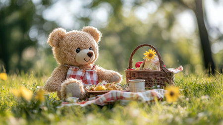 A teddy bear enjoying a picnic in a sunlit meadow surrounded by flowersの素材