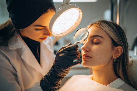 Expert Skincare Specialist Conducting Detailed Examination of Clientâs Face in Modern Clinic Setting During Afternoon Hoursの素材