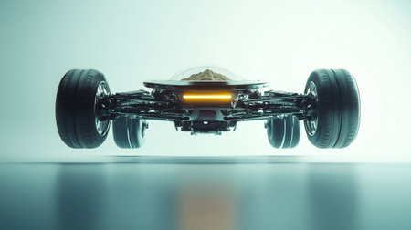 A futuristic hover vehicle displaying advanced technology in a minimalistic studio setting during a bright daylight hourの素材