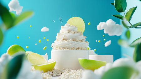 A vibrant dessert display featuring a creamy lime cake on a bright blue backgroundの素材