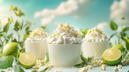Fresh lime desserts with whipped cream and popcorn garnishes in a sunny garden settingの素材