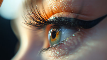 Close-up of a vibrant green eye with dramatic eyeliner and long lashes during bright sunlight in a natural settingの素材