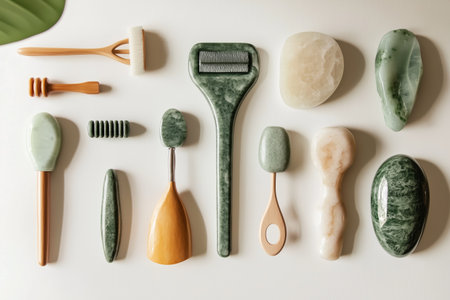 A collection of jade facial tools arranged neatly on a soft surface for skincare routines at homeの素材