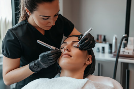 Skilled Technician Performing Microblading Procedure on Client in Modern Beauty Salonの素材