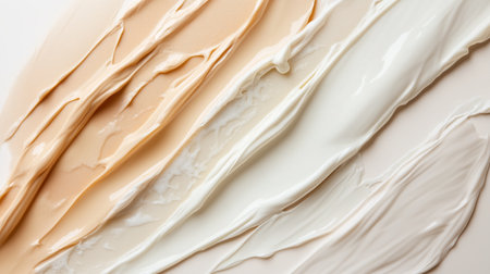 Various shades of cream and beige paint spread across a flat surface in a creative workspaceの素材