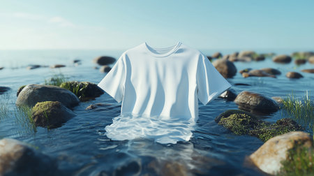 A surreal white shirt floats gracefully among the rocks and crystal-clear water under a bright blue skyの素材