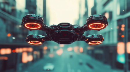 A futuristic drone hovers above a bustling urban street during twilight hours in a vibrant city environmentの素材