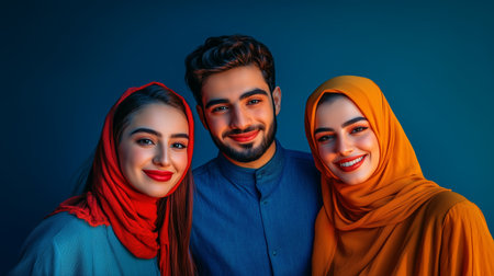 Three young people smiling together in colorful traditional attire against a textured blue background during an evening gatheringの素材