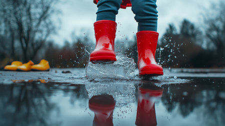 A child in bright red boots splashes joyfully in a puddle on a rainy dayの素材