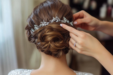 Bridal hairstylist placing a delicate hair accessory on an elegant updo in a softly lit roomの素材