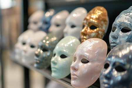 Colorful Masquerade Masks Displayed on a Shelf in an Art Studio Settingの素材