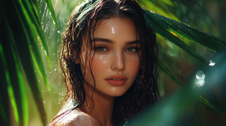 A Young Woman With Wet Hair Surrounded by Lush Green Leaves in a Tropical Settingの素材