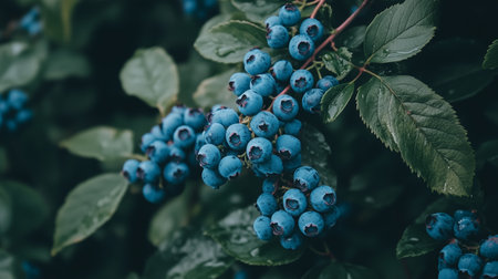 Blue berries hanging on green foliage in a lush garden during a rainy afternoonの素材