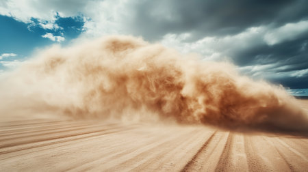 Dust storm envelops arid landscape under moody clouds during late afternoon lightの素材