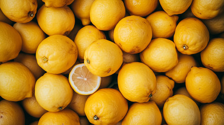 Ripe yellow lemons piled together with one lemon sliced open in a bright settingの素材
