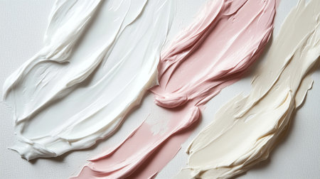 A variety of textured paint strokes lying on a canvas in soft pastel colors during an art creation sessionの素材