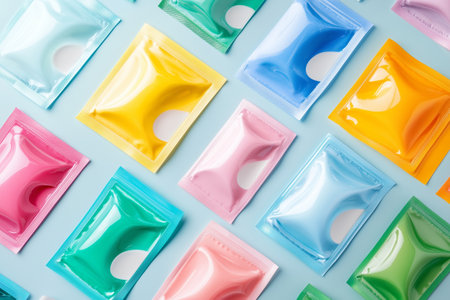A colorful assortment of laundry pods arranged neatly on a light blue background in a whimsical patternの素材