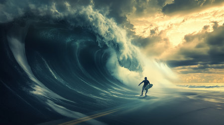Surfer navigating a massive wave under dramatic skies at sunsetの素材