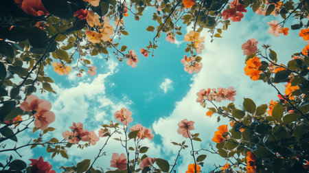 Vibrant flowers framing a bright blue sky on a sunny day in springの素材