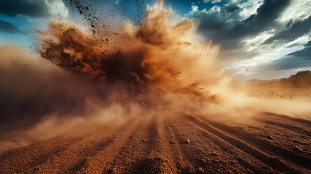 Dust clouds rise dramatically as a tractor plows through a field at sunsetの素材