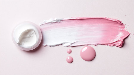 Aesthetic arrangement of creamy skincare product and vibrant pink paint on a light pink backgroundの素材