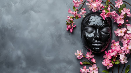 Black facial mask surrounded by pink cherry blossom flowers on a gray backgroundの素材