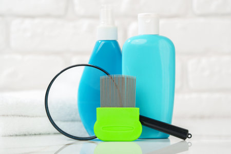 Green Comb on a Countertop with Lice Treatment Productsの写真素材