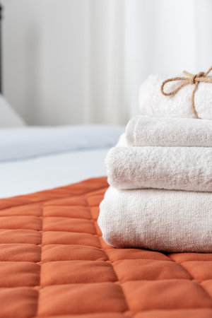 Stacked White Towels on a Bed in a Modern Apartmentの写真素材