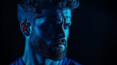 Young man with a beard in dramatic blue lighting contemplating in a dark setting during evening hoursの素材