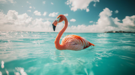 A flamingo gracefully wades through the turquoise waters under a bright skyの素材