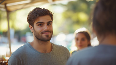 Smiling young man engages in conversation at an outdoor market during a sunny afternoonの素材