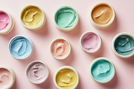 Various colorful jars of cream arranged artistically on a soft pink backgroundの素材