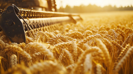 Harvesting golden wheat under the warm glow of the setting sun in a serene countryside landscapeの素材