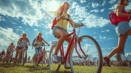 Young women enjoying a sunny day cycling together in a vibrant outdoor settingの素材
