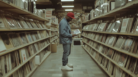 Man exploring vinyl records in a cozy music store during the afternoonの素材