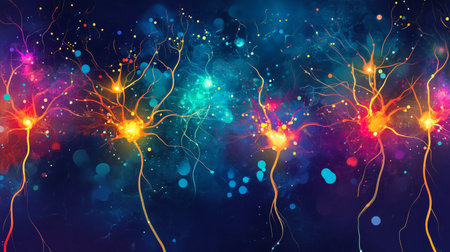 Colorful neurons firing synapses in a vibrant abstract representation of the human nervous systemの素材