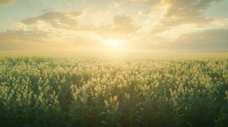 A breathtaking sunrise illuminates a vast field of wildflowers under a cloudy sky in early morning lightの素材