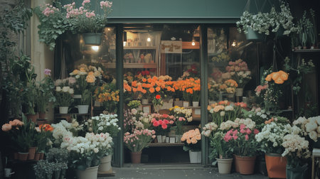 A vibrant flower shop displays a variety of colorful blooms in springtimeの素材