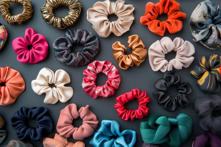 Colorful assortment of hair scrunchies displayed on a flat surface for easy selection and styling optionsの素材