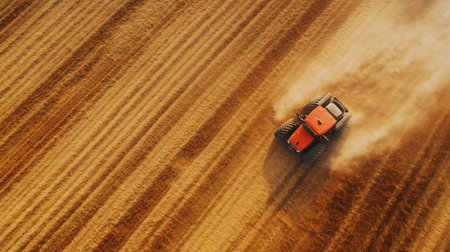 Aerial view of a tractor cultivating a field of golden crops during late afternoon on a sunny dayの素材