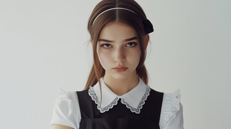 Young woman in a vintage dress poses with a serious expression indoors in natural lightの素材