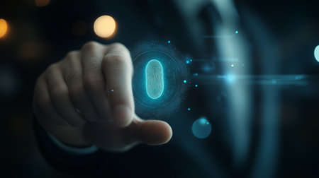 Business professional interacting with a digital fingerprint interface in a modern settingの素材