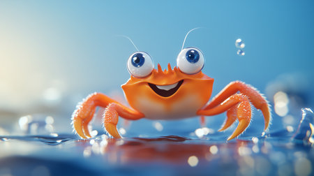 Happy crab exploring the ocean surface with bright eyes in a tranquil underwater settingの素材