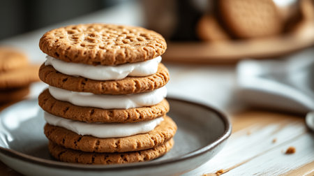 Delicious cream-filled cookies stacked on a white plate ready to be enjoyed at a cozy kitchen tableの素材