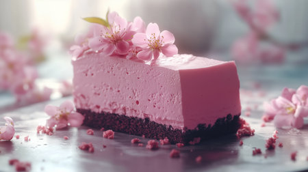Pink cheesecake topped with cherry blossoms on a silver plate in soft natural lightの素材