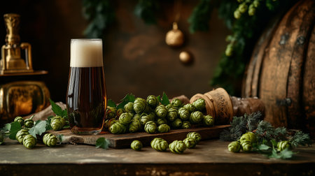 Freshly harvested hops beside a glass of dark beer on a rustic wooden tableの素材